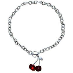 Lovely Stainless Steel Cherry Pendant Choker Fashion Silver O-Ring Circle Round Link Chain Dainty Hypoallergenic Bracelets Necklace Cute Women Girls Jewelry