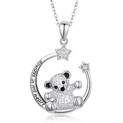 CHENGHONG Teddy Bear Necklace 925 Sterling Silver Cute Animal Pendant Necklace/Always in My Heart/Star Moon Bear Necklace Panda Bear Jewelry Gift for Women, Girls, Teen