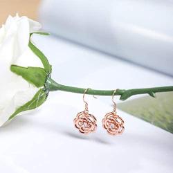 AOBOCO Sterling Silver Rose Flower Earrings, Rose Gold Plated, Clear Crystal from Austria, Hypoallergenic Dangle Drop earrings, Anniversary Birthday Jewelry Rose Flower Gifts for Women