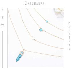 Ckecharfa Boho Layered Turquoise Necklaces Gold Gemstone Choker Necklace Hamsa Hand Pendant Neck Chain Beach Jewelry Accessories for Women and Girls