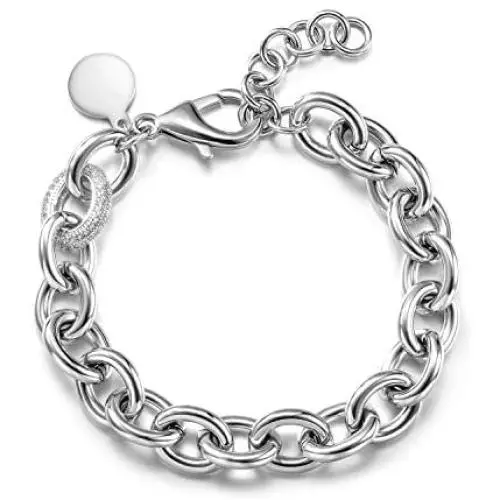CIUNOFOR CZ Bracelet for Women Girls Wide Cuban Curb Oval Link Bracelet Silver Rose Gold Plated 9.5 Inches Stainless Steel Chain with Round Disc Charm CIUNOFOR CZ Bracelet for Women Girls Wide Cuban Curb Oval Link Bracelet Silver Rose Gold Plated 9.5 Inches Stainless Steel Chain with Round Disc Charm