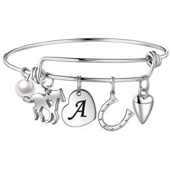 Anoup Horse Gifts for Girls Women Bracelet, Stainless Steel Horse Bracelet Engraved 26 Letters Initial Charm Bracelet Dainty Horse Jewelry Horse Gifts for Girls Kids Teens Horse Lovers
