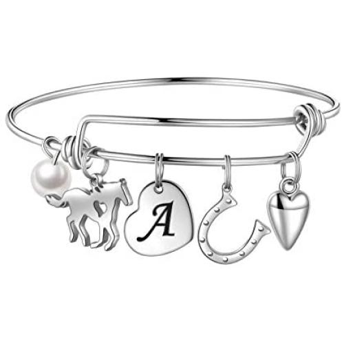 Anoup Horse Gifts for Girls Women Bracelet, Stainless Steel Horse Bracelet Engraved 26 Letters Initial Charm Bracelet Dainty Horse Jewelry Horse Gifts for Girls Kids Teens Horse Lovers