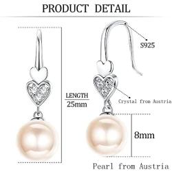 Sllaiss 925 Sterling Silver Austria Pearl Drop Earrings for Women, Cubic Zirconia Heart Dangle Earrings, Fine Jewelry for Love