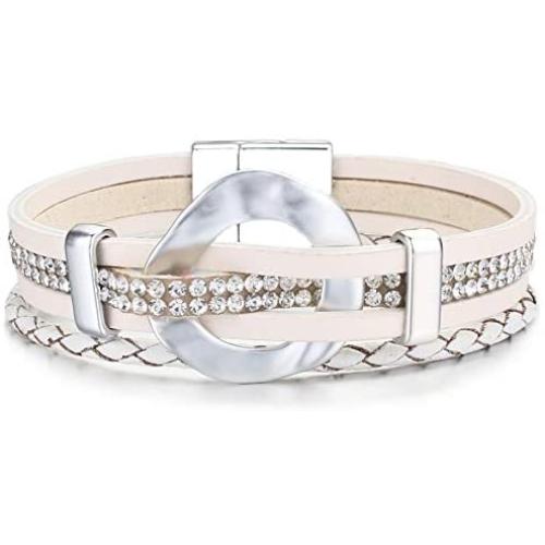 FANCY SHINY Leather Cuff Bracelet Circle Rhinestone Wrap Bracelet Stackable Multi Layer Wristband with Magnetic Clasp Boho Jewelry Gift for Women
