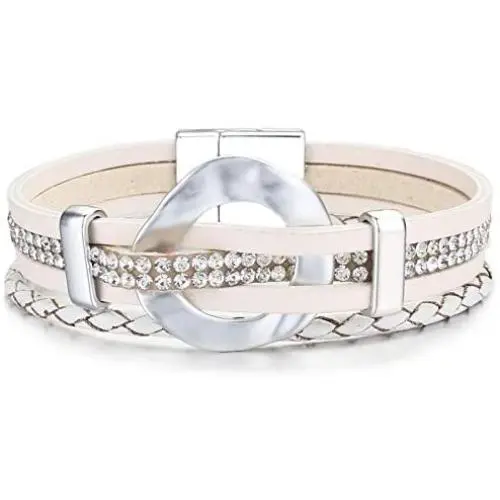 FANCY SHINY Leather Cuff Bracelet Circle Rhinestone Wrap Bracelet Stackable Multi Layer Wristband with Magnetic Clasp Boho Jewelry Gift for Women FANCY SHINY Leather Cuff Bracelet Circle Rhinestone Wrap Bracelet Stackable Multi Layer Wristband with Magnetic Clasp Boho Jewelry Gift for Women