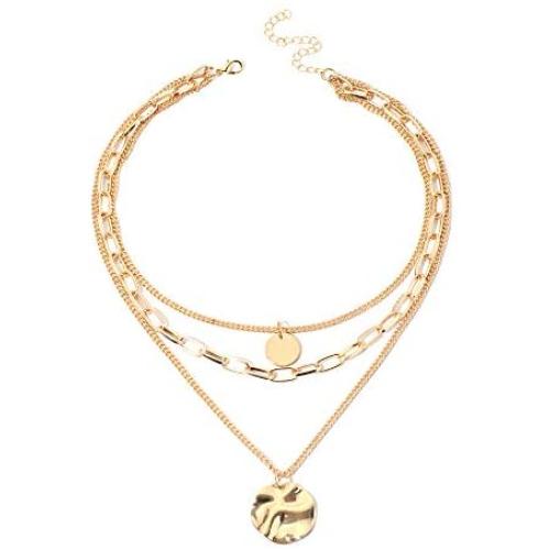 Gold Layered Pendant Long Necklace - 14K Gold Plated Handmade 3 Layer Choker Necklace Chain Pendant Costume Jewelry for Women Girl