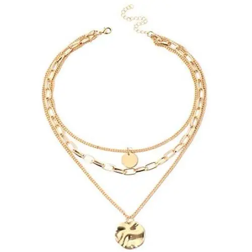 Gold Layered Pendant Long Necklace - 14K Gold Plated Handmade 3 Layer Choker Necklace Chain Pendant Costume Jewelry for Women Girl Gold Layered Pendant Long Necklace - 14K Gold Plated Handmade 3 Layer Choker Necklace Chain Pendant Costume Jewelry for Women Girl