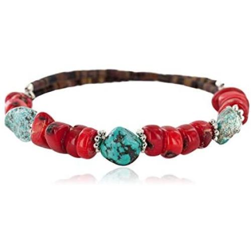 $80Tag Certified Navajo Turquoise Coral Native Adjustable Wrap Bracelet 12742-1 Made by Loma Siiva