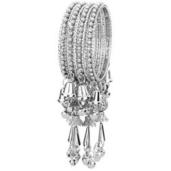 Efulgenz Boho Vintage Antique Gypsy Tribal Indian Oxidized Silver Plated Bell Tassel Charm Bracelets Bangle Set Jewelry