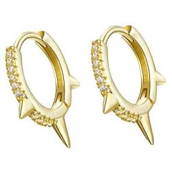 Gold Punk Spikes Stud CZ Hoop Earrings for Women Teen Girls Men S925 Sterling Silver Charms Huggie Hoops Cartilage Stud Tragus Helix Pave Crystal Earrings Hypoallergenic Rock Fashion Jewelry 9mm