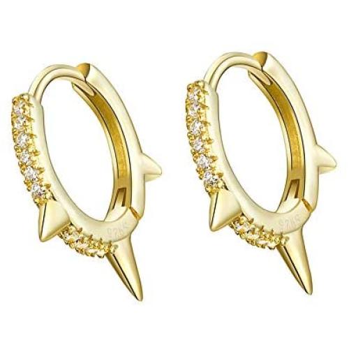 Gold Punk Spikes Stud CZ Hoop Earrings for Women Teen Girls Men S925 Sterling Silver Charms Huggie Hoops Cartilage Stud Tragus Helix Pave Crystal Earrings Hypoallergenic Rock Fashion Jewelry 9mm