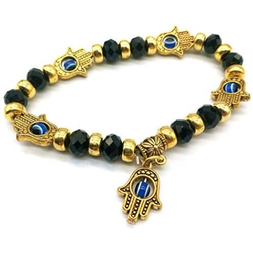 Homelavie Lucky Bling Beads Bracelet Blue Evil Eye and Golden Hamsa Hand Stretch Bracelets Protection Amulet Bangles for Girl/Women