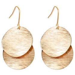 Dangle Drop Earrings for Women Fashion Big Double Circle Disc 14K Gold Filled Brushed Wave Round Hoop Statement Post Dangle French Wire Earrings Minimalist Jewelry for Girls Gift for Her