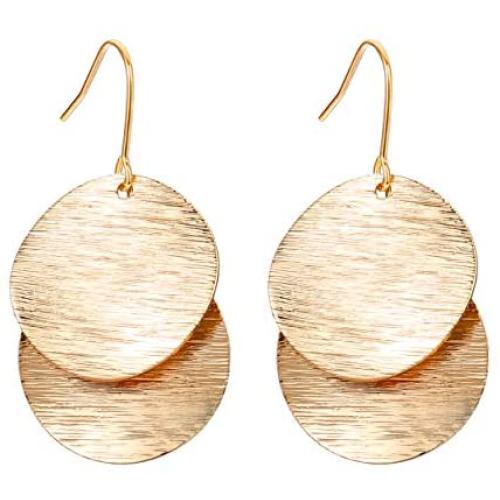 Dangle Drop Earrings for Women Fashion Big Double Circle Disc 14K Gold Filled Brushed Wave Round Hoop Statement Post Dangle French Wire Earrings Minimalist Jewelry for Girls Gift for Her