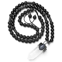 Top Plaza Natural Stone Healing Crystal Hexagonal Pointed Gemstone Pendant Necklace Crescent Moon Jewelry Adjustable Lava Rock Beads Necklaces for Women Men