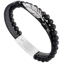 QLEESI Unisex Mens Leather Bracelet Stainless Steel with Lava Rock Bead, Infinity Angel Wing Cuff Bangles 6.9-8Inches Adjustable Magnetic Clasp Valentines Day Birthday Anniversary Gifts for Him Father Brother