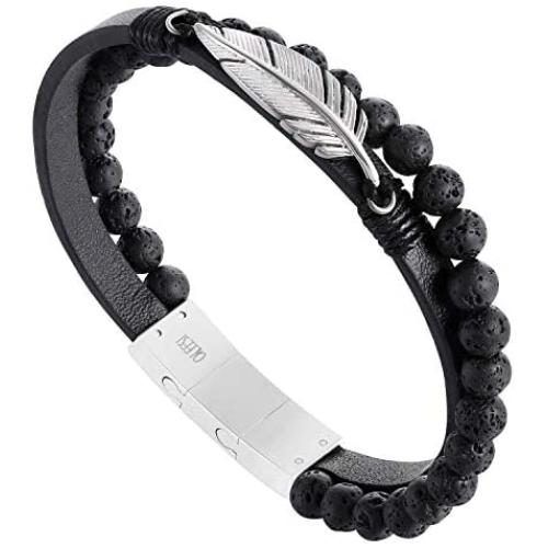 QLEESI Unisex Mens Leather Bracelet Stainless Steel with Lava Rock Bead, Infinity Angel Wing Cuff Bangles 6.9-8Inches Adjustable Magnetic Clasp Valentines Day Birthday Anniversary Gifts for Him Father Brother