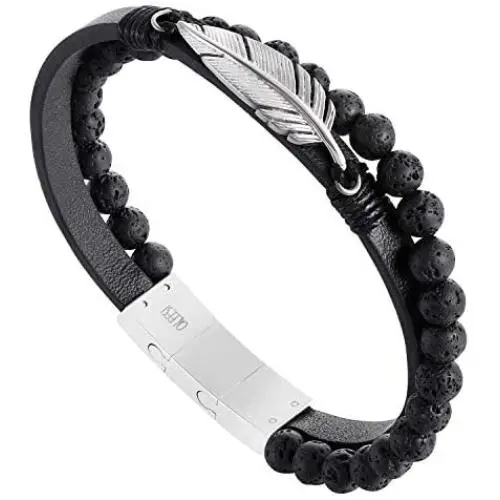 QLEESI Unisex Mens Leather Bracelet Stainless Steel with Lava Rock Bead, Infinity Angel Wing Cuff Bangles 6.9-8Inches Adjustable Magnetic Clasp Valentines Day Birthday Anniversary Gifts for Him Father Brother QLEESI Unisex Mens Leather Bracelet Stainless Steel with Lava Rock Bead, Infinity Angel Wing Cuff Bangles 6.9-8Inches Adjustable Magnetic Clasp Valentines Day Birthday Anniversary Gifts for Him Father Brother