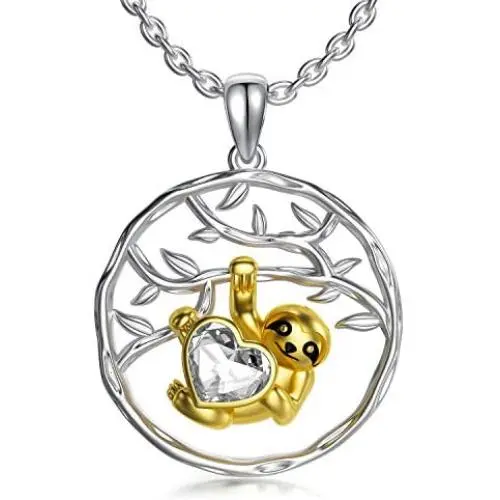 AOBOCO Sloth Gifts Sterling Silver Sloth Pendant Necklace with Crystals, Birthday Anniversary Jewelry Gifts for Her Wife Mom Girlfriend Women