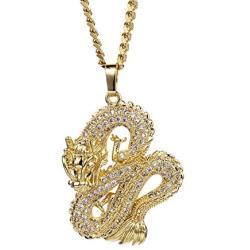Mens Necklace Iced Out Micro Paved CZ 18K Gold Plated Dragon Pendant Necklace with Stainless Cuban Link Chain Hip Hop Jewelry