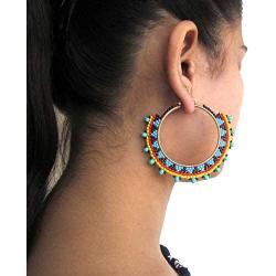 Handmade Beaded Indian Jewelry Multicolor Beads Beaded Dangle Hoop Fashion Earrings E-60-SB-3