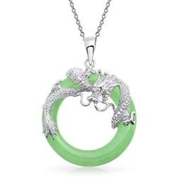 Asian Style Open Round Circle Disc Red Green Dyed Jade Dragon Pendant Necklace For Women 925 Sterling Silver 18 Inch