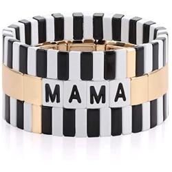 HZEYN Mothers Day Gift Tile Bracelet MAMA Enamel Colorblock Tile Bead Bracelet Stackable Sweet Mama Tile Link Stretch Bracelet Set of 3 Strands Jewelry