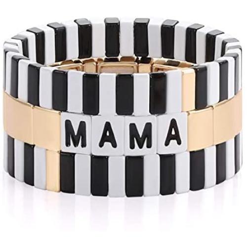 HZEYN Mothers Day Gift Tile Bracelet MAMA Enamel Colorblock Tile Bead Bracelet Stackable Sweet Mama Tile Link Stretch Bracelet Set of 3 Strands Jewelry