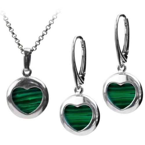 Amber by Graciana Sterling Silver Imitation Malachite Heart Round Earrings Pendant Set Rolo Chain 18 Inches
