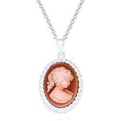 Vintage Style Simulated Red Coral Rose Pink Peach Craved Oval Victorian Lady Maiden Cameo Necklace Pendant For Women 925 Sterling Silver Cable Frame Portrait
