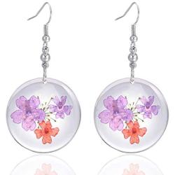 FM FM42 Purple Red Pressed Flowers & White Queen Annes Lace 1.25'' Round Dsic Drop Dangle Hook Earrings FE2082