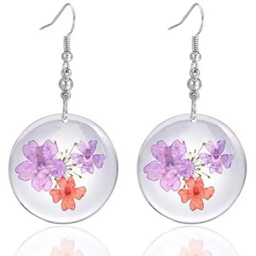 FM FM42 Purple Red Pressed Flowers & White Queen Annes Lace 1.25'' Round Dsic Drop Dangle Hook Earrings FE2082