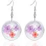 FM FM42 Purple Red Pressed Flowers & White Queen Annes Lace 1.25'' Round Dsic Drop Dangle Hook Earrings FE2082