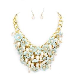 Uniklook Chunky Statement Mint Green Flowers Beads Gold Chain Women Necklace Earrings Set Fashion Jewelry