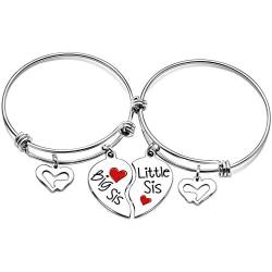 lauhonmin Sister Bangle Bracelets for Big Sister Little Sister Heart Charms Double Pendant Pack of 2