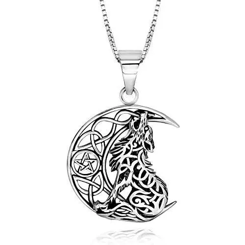 925 Sterling Silver Celtic Crescent Moon Wolf Pendant Necklace, 18'' 925 Sterling Silver Celtic Crescent Moon Wolf Pendant Necklace, 18''