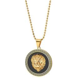 COOLSTEELANDBEYOND Men Steel Lion Head Circle Medal Pendant Necklace with CZ, Black Onyx, Greek Key, Silver Black