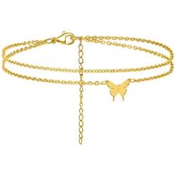 MEMGIFT Butterfly Anklets for Women Teen Girls Two Layered Dainty 18K Real Gold Ankle Bracelet Personalized Handmade Cute 26 Letter A-Z Engraved Fashion Trendy Beach Simple Jewelry