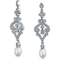 Bridal CZ Drop Dangle Chandelier White Freshwater Cultured Pearl Earrings For Women Silver Plated Jewelry For Wedding