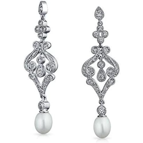 Bridal CZ Drop Dangle Chandelier White Freshwater Cultured Pearl Earrings For Women Silver Plated Jewelry For Wedding