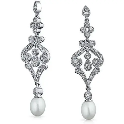 Bridal CZ Drop Dangle Chandelier White Freshwater Cultured Pearl Earrings For Women Silver Plated Jewelry For Wedding Bridal CZ Drop Dangle Chandelier White Freshwater Cultured Pearl Earrings For Women Silver Plated Jewelry For Wedding