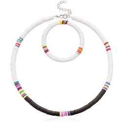 Colorful African Vinyl Disc 6mm Beads Necklace Bracelet Set Adjustable Hawaiian Beach Necklace Heishi Surfer Choker Bracelet Bohemian Jewelry for Women Girls
