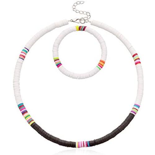 Colorful African Vinyl Disc 6mm Beads Necklace Bracelet Set Adjustable Hawaiian Beach Necklace Heishi Surfer Choker Bracelet Bohemian Jewelry for Women Girls
