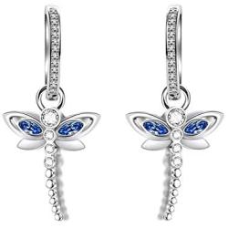 AOBOCO Dragonfly Earrings Sterling Silver Hoop Earrings with Simulated Light Sapphire Crystals from Austria, Adorable Insects in The Garden Series, Hypoallergenic Dragonfly Jewelry Gifts for Women