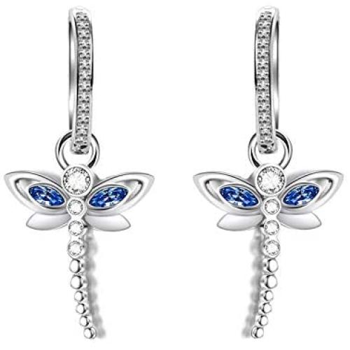 AOBOCO Dragonfly Earrings Sterling Silver Hoop Earrings with Simulated Light Sapphire Crystals from Austria, Adorable Insects in The Garden Series, Hypoallergenic Dragonfly Jewelry Gifts for Women