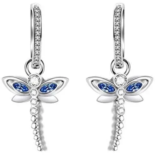 AOBOCO Dragonfly Earrings Sterling Silver Hoop Earrings with Simulated Light Sapphire Crystals from Austria, Adorable Insects in The Garden Series, Hypoallergenic Dragonfly Jewelry Gifts for Women