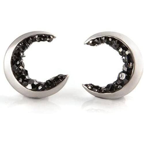LAONATO Crescent Moon and Black CZ Earrings