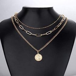 HAIAISO Layered Gold Pendant Choker Necklace - 14K Gold Plated Multilayer Coin Medallion Snake Chain Adjustable Dainty Necklace Set for Women Jewelry Gifts