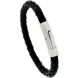 Sabrina Silver Stainless Steel Leather Bracelet Black for Men & Women 5/16 inch Wide, Sizes 6.5-8 inch